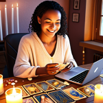 **

"A modern woman sitting at a desk, using a laptop. Tarot cards are spread around her. Candles are lit, and crystals are scattered on the desk. She is smiling gently, radiating peace and wisdom. Background: A cozy, warmly lit room. Style: Digital art, soft focus."

**