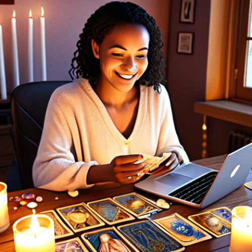 Home 11 **
"A modern woman sitting at a desk, using a laptop. Tarot cards are spread around her. Candles are lit, and crystals are scattered on the desk. She is smiling gently, radiating peace and wisdom. Background: A cozy, warmly lit room. Style: Digital art, soft focus."
**