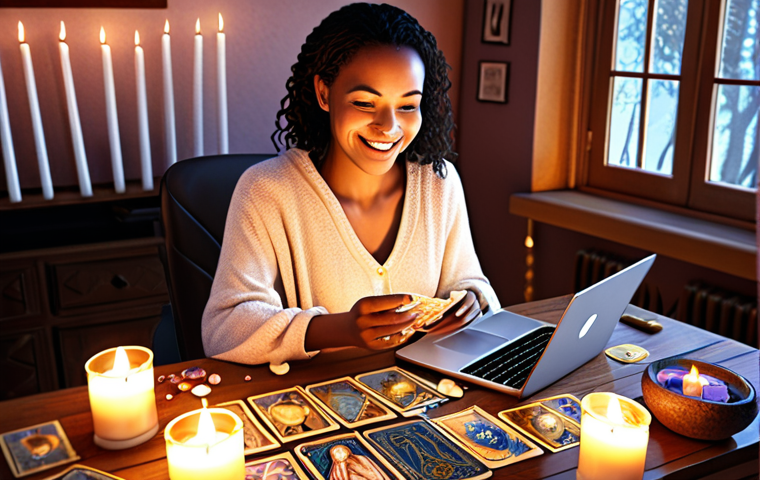**
"A modern woman sitting at a desk, using a laptop. Tarot cards are spread around her. Candles are lit, and crystals are scattered on the desk. She is smiling gently, radiating peace and wisdom. Background: A cozy, warmly lit room. Style: Digital art, soft focus."
**