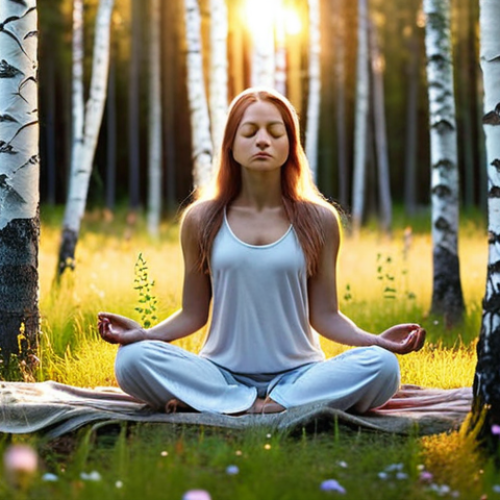 Home 6 **A serene woman meditating in a Swedish forest at sunrise, surrounded by birch trees and wildflowers. Focus on conveying a sense of inner peace and connection to nature, with soft, diffused lighting.**
