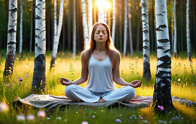 **A serene woman meditating in a Swedish forest at sunrise, surrounded by birch trees and wildflowers. Focus on conveying a sense of inner peace and connection to nature, with soft, diffused lighting.**