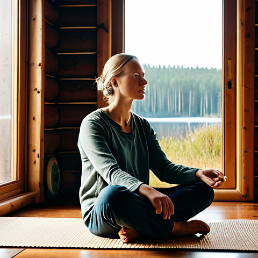A serene professional Swedish woman, mid-30s, with a thoughtful expression, fully clothed in modest, comfortable, earthy-toned natural fabric attire. She is seated cross-legged on a natural fiber mat in a sunlit, minimalist wooden cabin interior, gazing peacefully towards a large window overlooking a calm, misty Swedish forest and lake. The atmosphere is one of deep tranquility, embodying the balance of internal reflection and natural harmony. Perfect anatomy, correct proportions, natural pose, well-formed hands, proper finger count, natural body proportions, professional photography, high quality, safe for work, appropriate content, fully clothed, professional, family-friendly.
