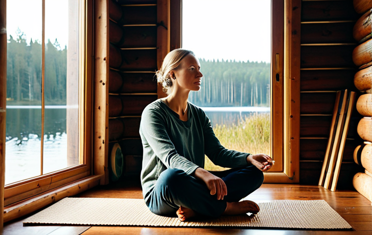 A serene professional Swedish woman, mid-30s, with a thoughtful expression, fully clothed in modest, comfortable, earthy-toned natural fabric attire. She is seated cross-legged on a natural fiber mat in a sunlit, minimalist wooden cabin interior, gazing peacefully towards a large window overlooking a calm, misty Swedish forest and lake. The atmosphere is one of deep tranquility, embodying the balance of internal reflection and natural harmony. Perfect anatomy, correct proportions, natural pose, well-formed hands, proper finger count, natural body proportions, professional photography, high quality, safe for work, appropriate content, fully clothed, professional, family-friendly.